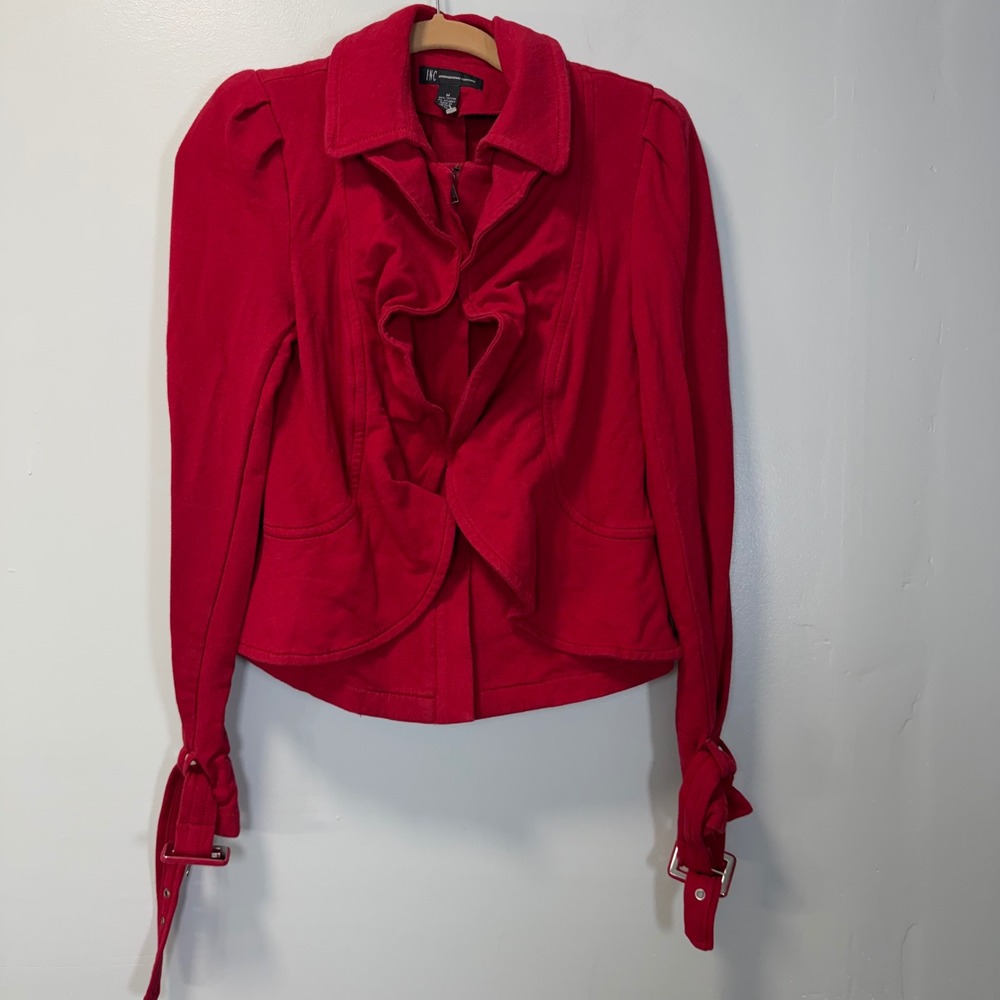 INC International Concepts Red Ruffle Front Belted Cuff Jacket Medium Y2K